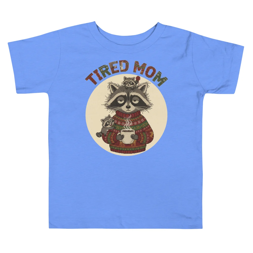 Tired Mom Toddler Ugly Christmas Tee, Blue flat