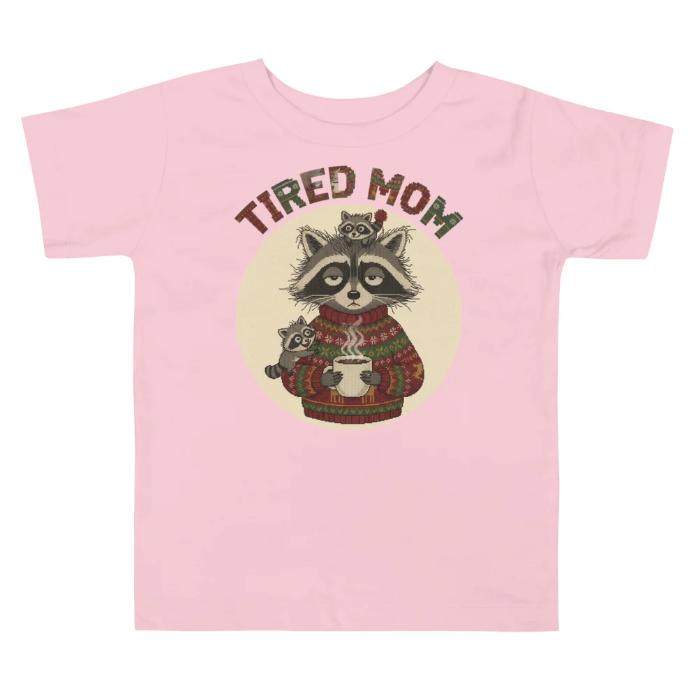 Tired Mom Toddler Ugly Christmas Tee, Light Pink flat