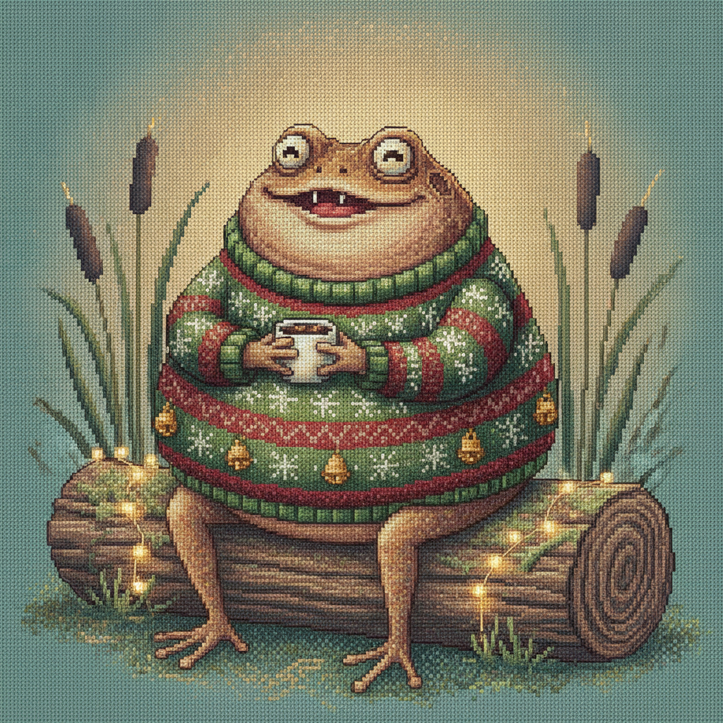 Toadally Festive ugly Christmas sweater design: a tubby toad holding a mug of cocoa on a log by his pond, wearing a green knit with snowflakes and tiny gold bells