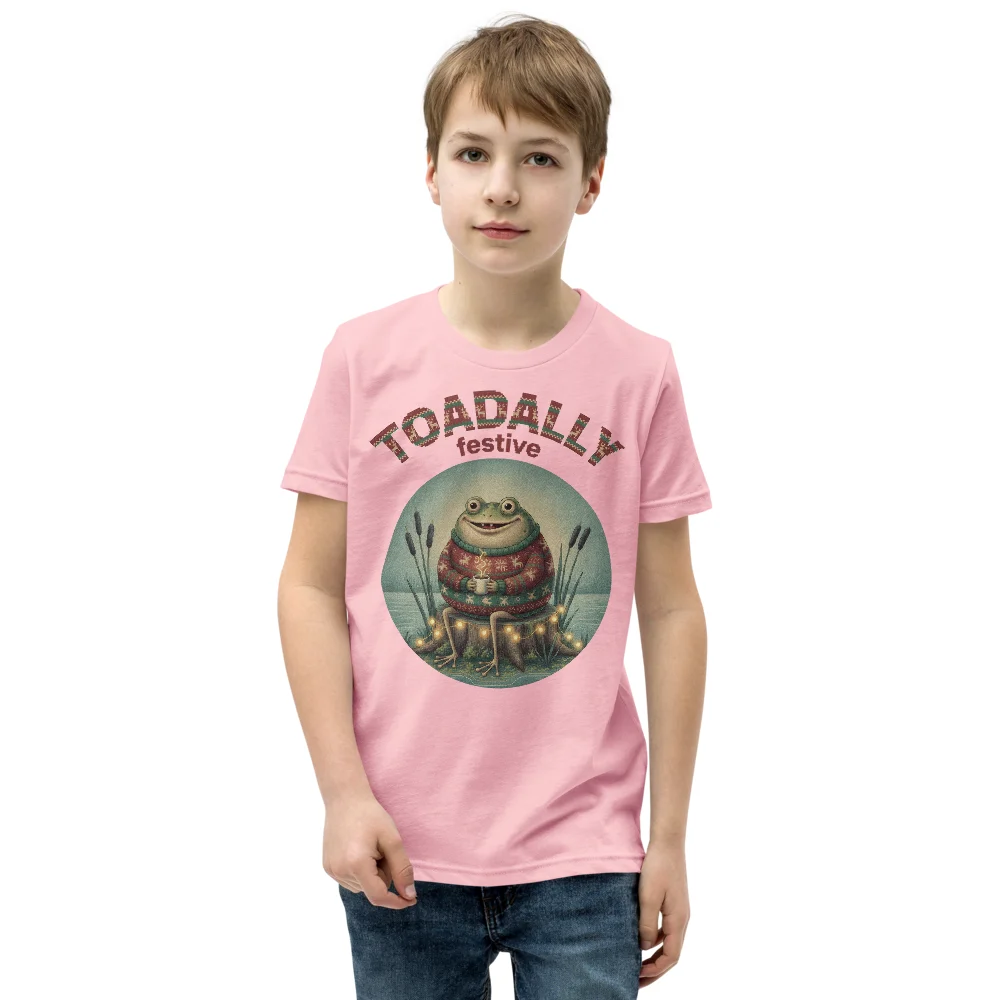 Toadally Festive Kids' Ugly Christmas Tee, Light Pink model