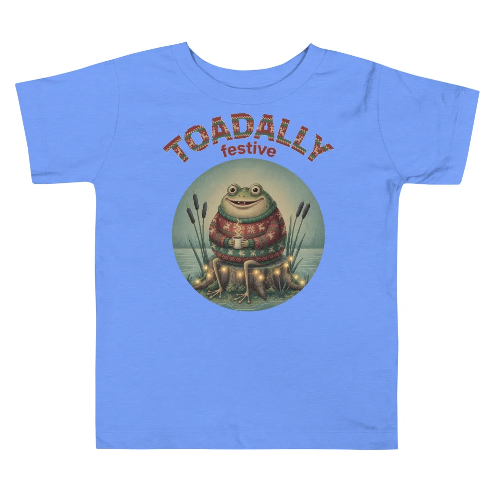 Toadally Festive Toddler Ugly Christmas Tee, Blue flat