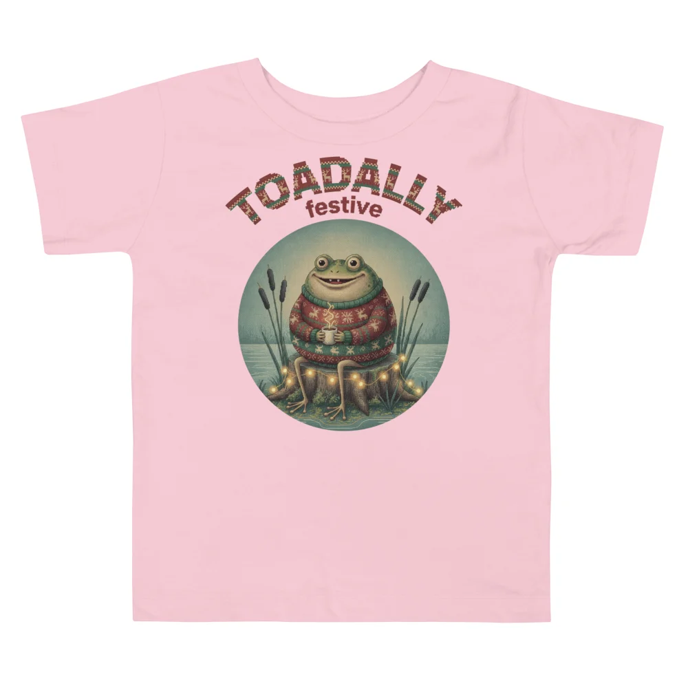 Toadally Festive Toddler Ugly Christmas Tee, Light Pink flat