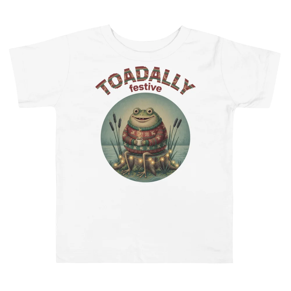 Toadally Festive Toddler Ugly Christmas Tee, Pure White flat