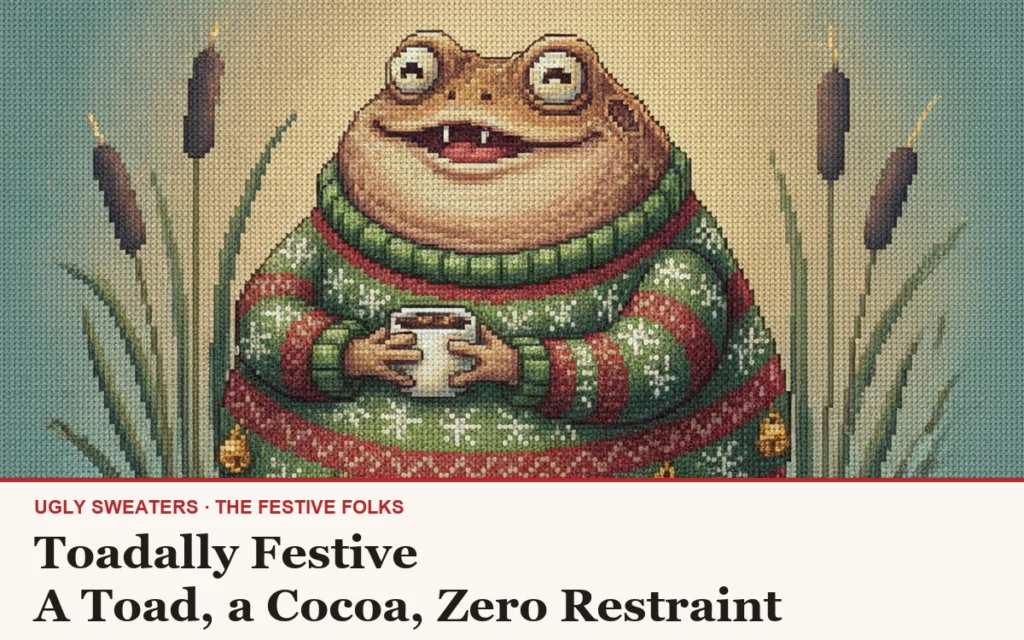 Toadally Festive ugly Christmas sweater article cover with the cocoa-holding toad character art