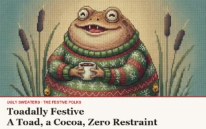Toadally Festive ugly Christmas sweater article cover with the cocoa-holding toad character art