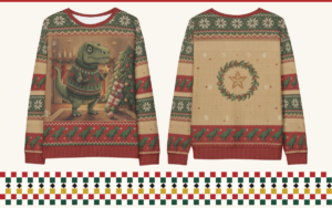 Tree Rex dinosaur all-over print ugly Christmas sweatshirt, front and back