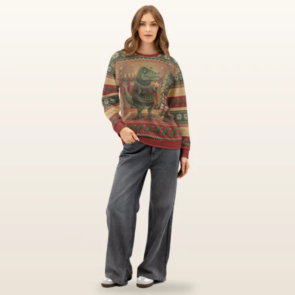 Tree Rex all-over-print Christmas sweatshirt on a model, front view