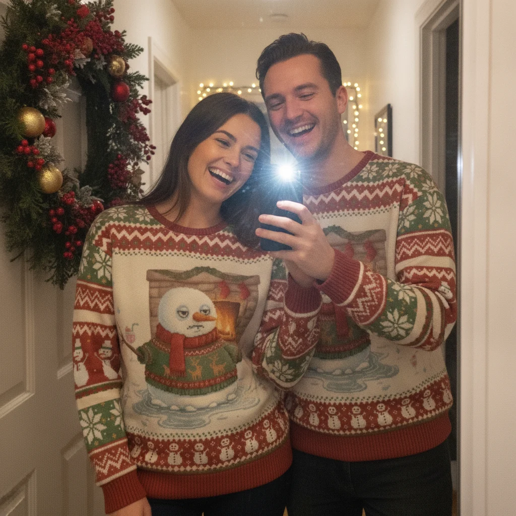 Meltdown Ugly Christmas Sweatshirt worn at a Christmas gathering