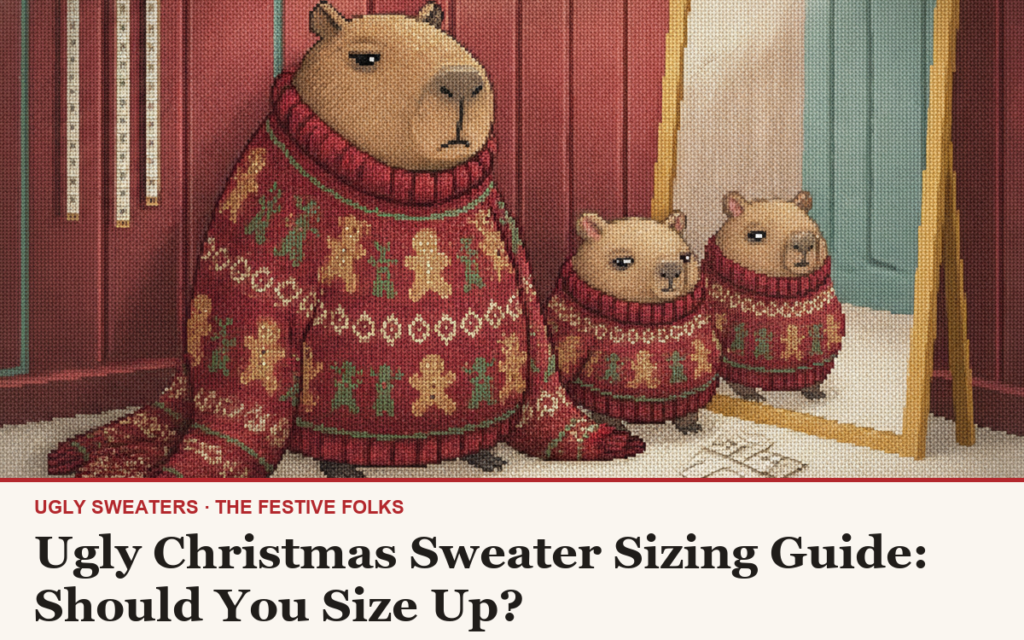 A stitched illustration of the Chief Festivity Officer capybara drowning in an oversized red gingerbread-man Christmas sweater beside two small capybaras in sweaters that fit, in front of a mirror and hanging tape measures