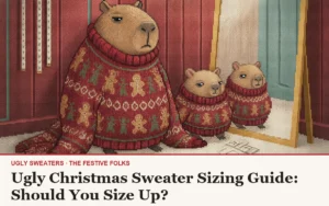A stitched illustration of the Chief Festivity Officer capybara drowning in an oversized red gingerbread-man Christmas sweater beside two small capybaras in sweaters that fit, in front of a mirror and hanging tape measures