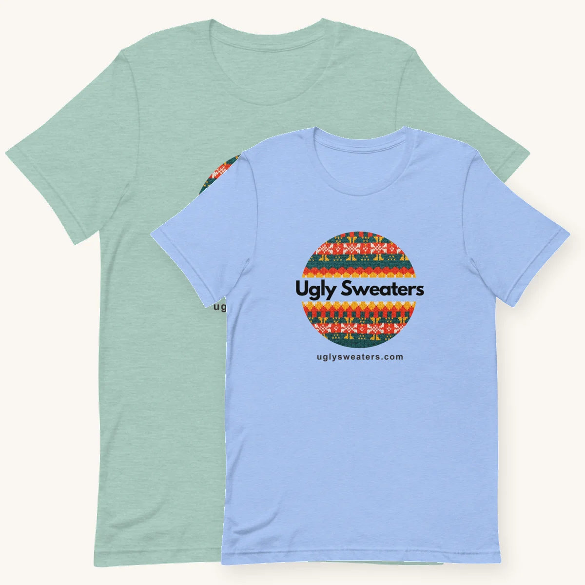 Two Ugly Sweaters logo tees, green and blue, overlapping