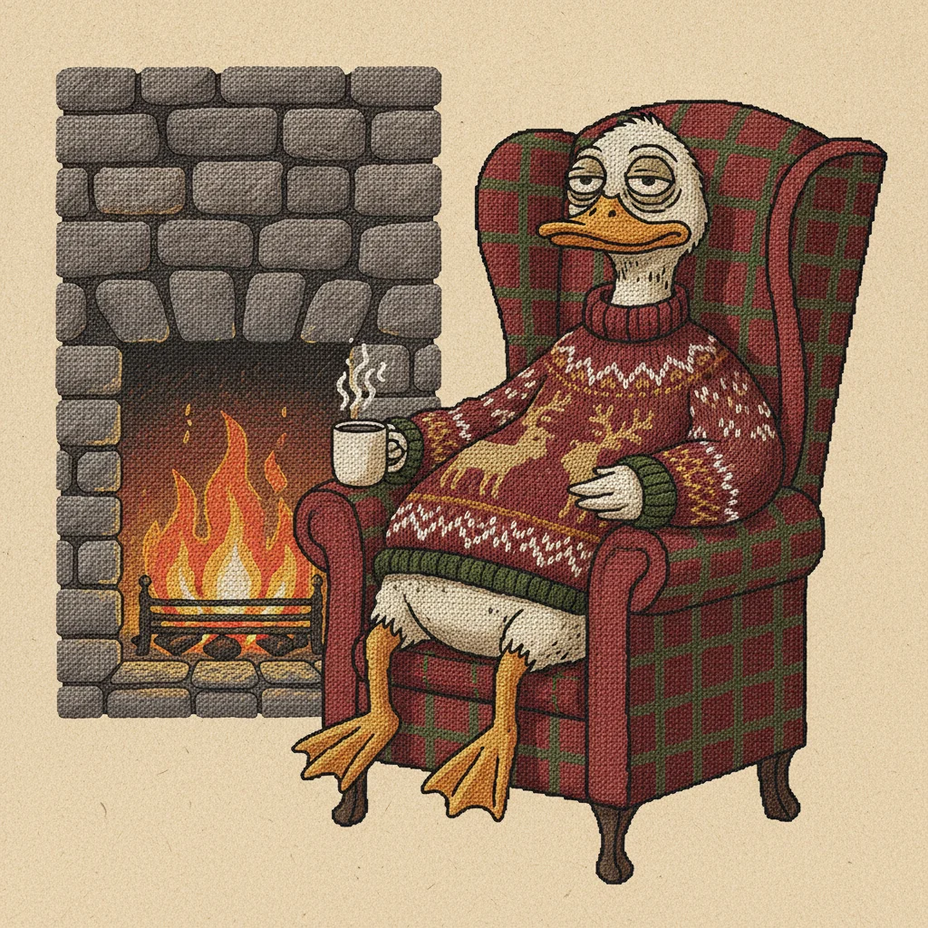 Sitting Duck relaxing in a festive armchair by the fire, the calm face of the VIP Club