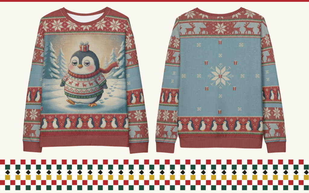 Waddle You Want penguin all-over print ugly Christmas sweatshirt, front and back