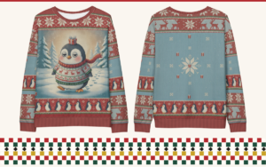 Waddle You Want penguin all-over print ugly Christmas sweatshirt, front and back
