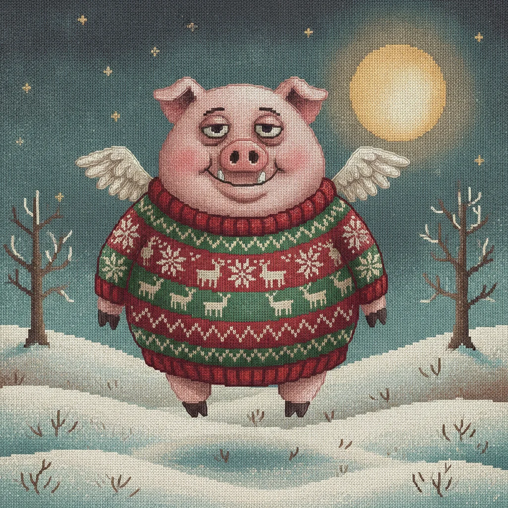 When Pigs Fly ugly Christmas sweater character art: a round winged pig in a red and green fair-isle sweater hovering over a snowy field under a full moon