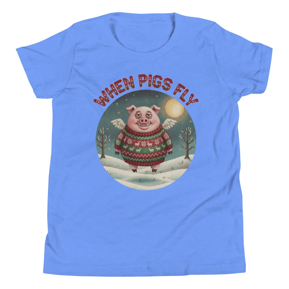 When Pigs Fly Kids' Ugly Christmas Tee, Blue