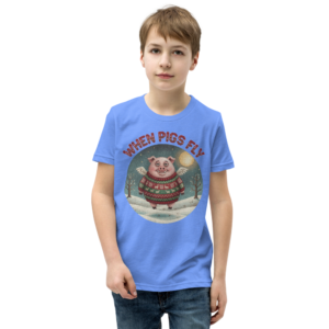 When Pigs Fly Kids' Ugly Christmas Tee — Blue model