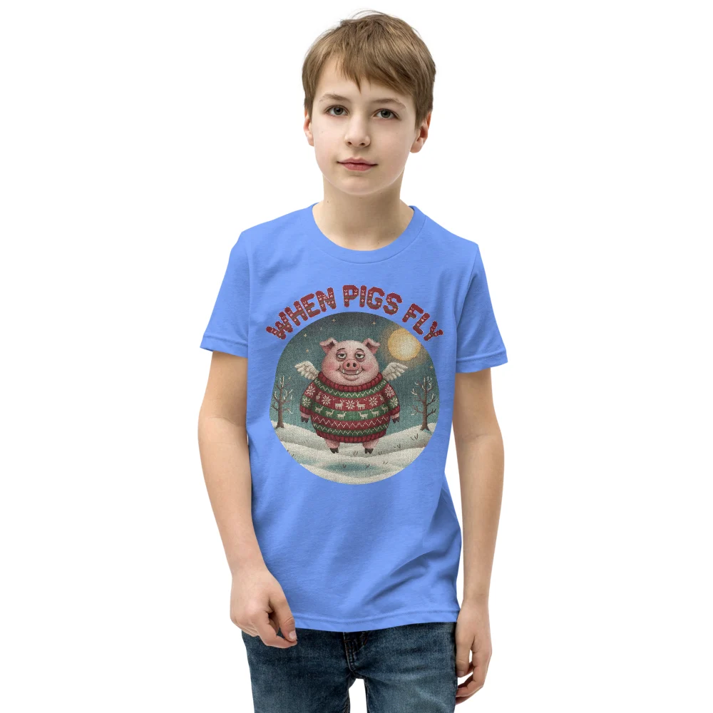 When Pigs Fly Kids' Ugly Christmas Tee, Blue model