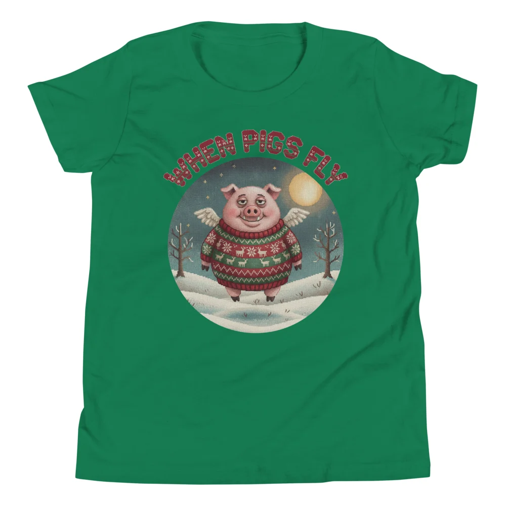 When Pigs Fly Kids' Ugly Christmas Tee, Green