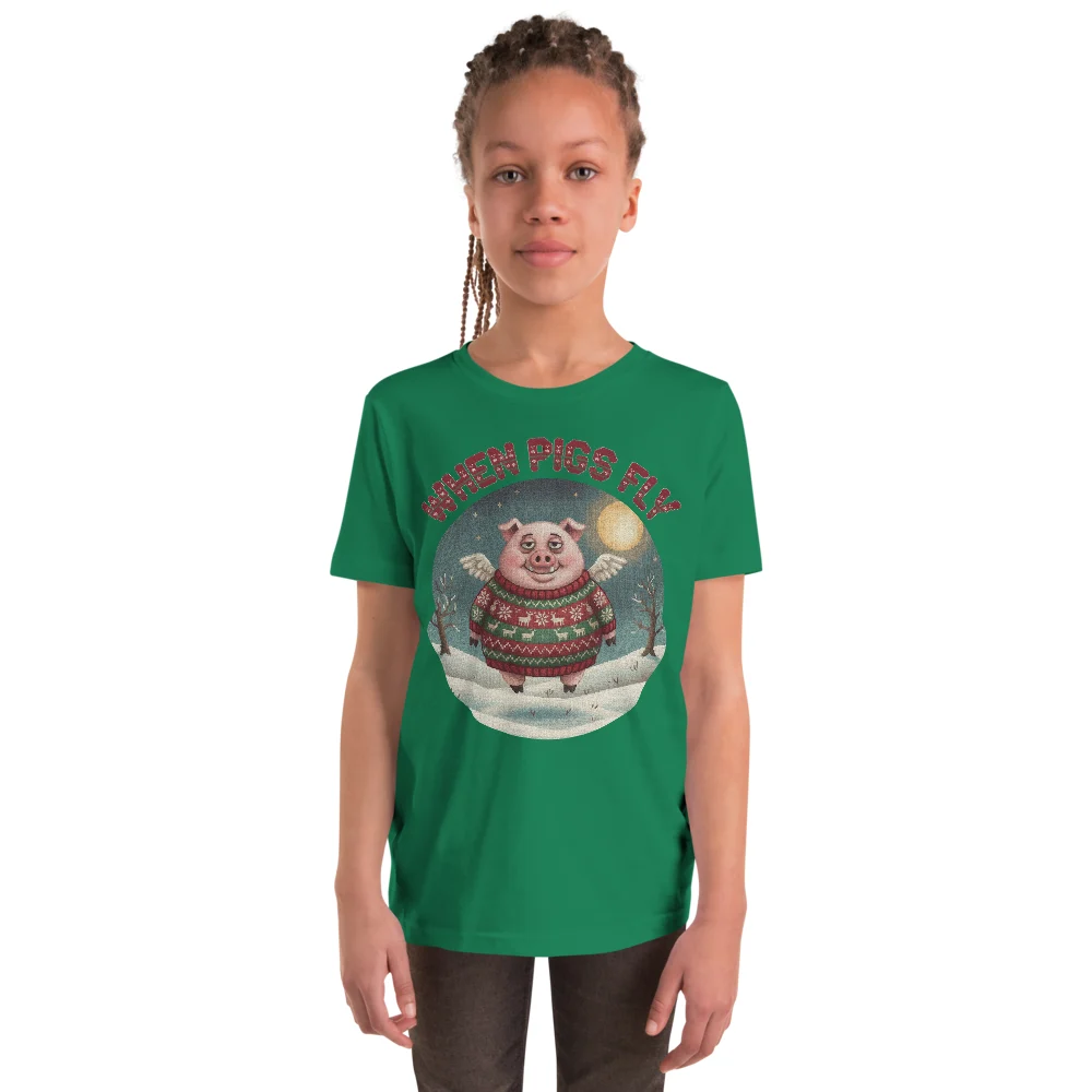 When Pigs Fly Kids' Ugly Christmas Tee, Green model