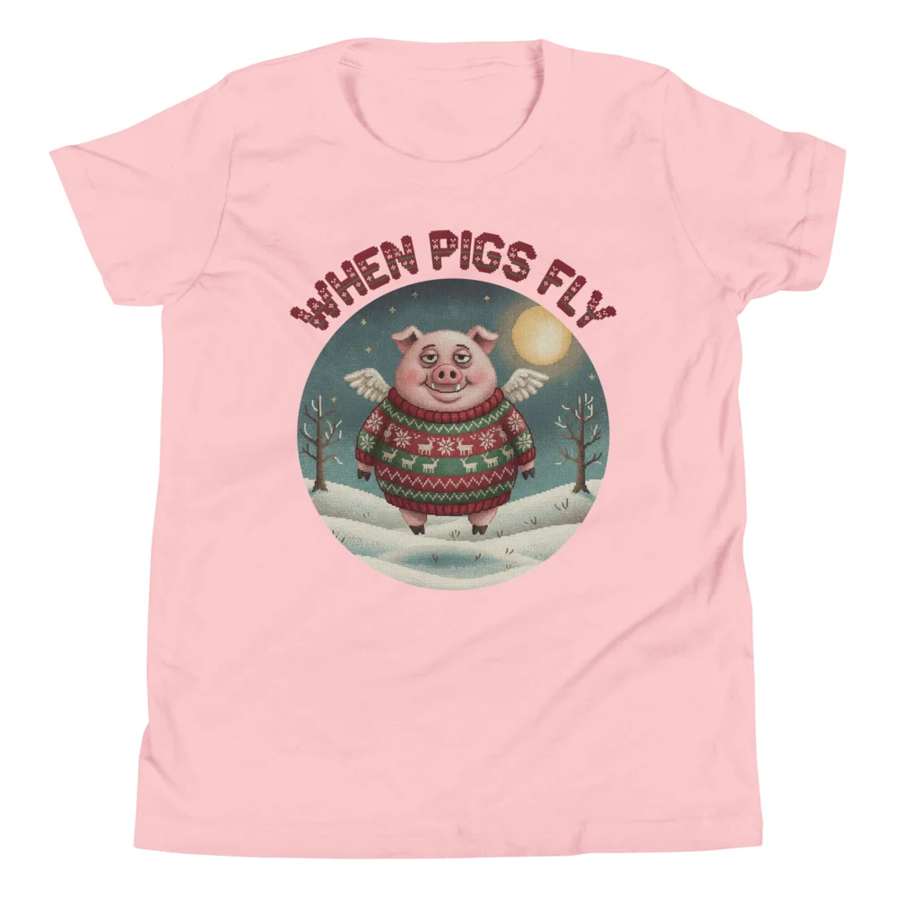 When Pigs Fly Kids' Ugly Christmas Tee, Light Pink