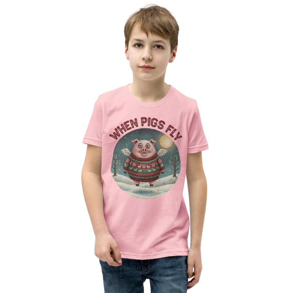 When Pigs Fly Kids' Ugly Christmas Tee, Light Pink model