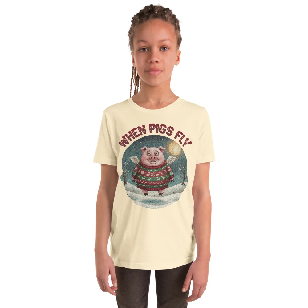 When Pigs Fly Kids' Ugly Christmas Tee, Vintage White model