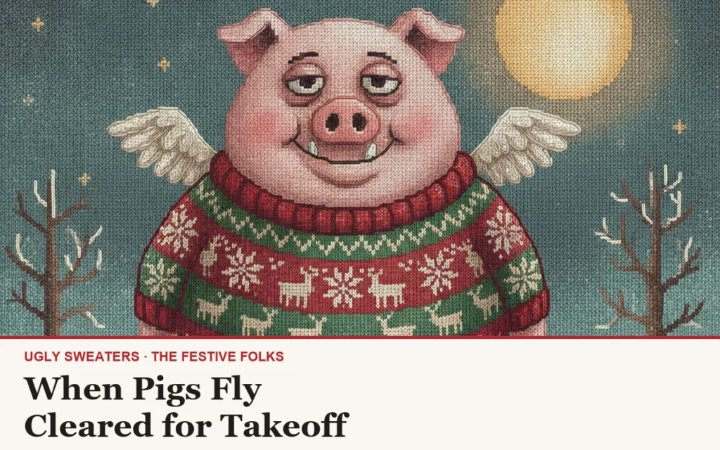 When Pigs Fly ugly Christmas sweater article cover: a smiling winged pig in a red and green fair-isle sweater under a full moon