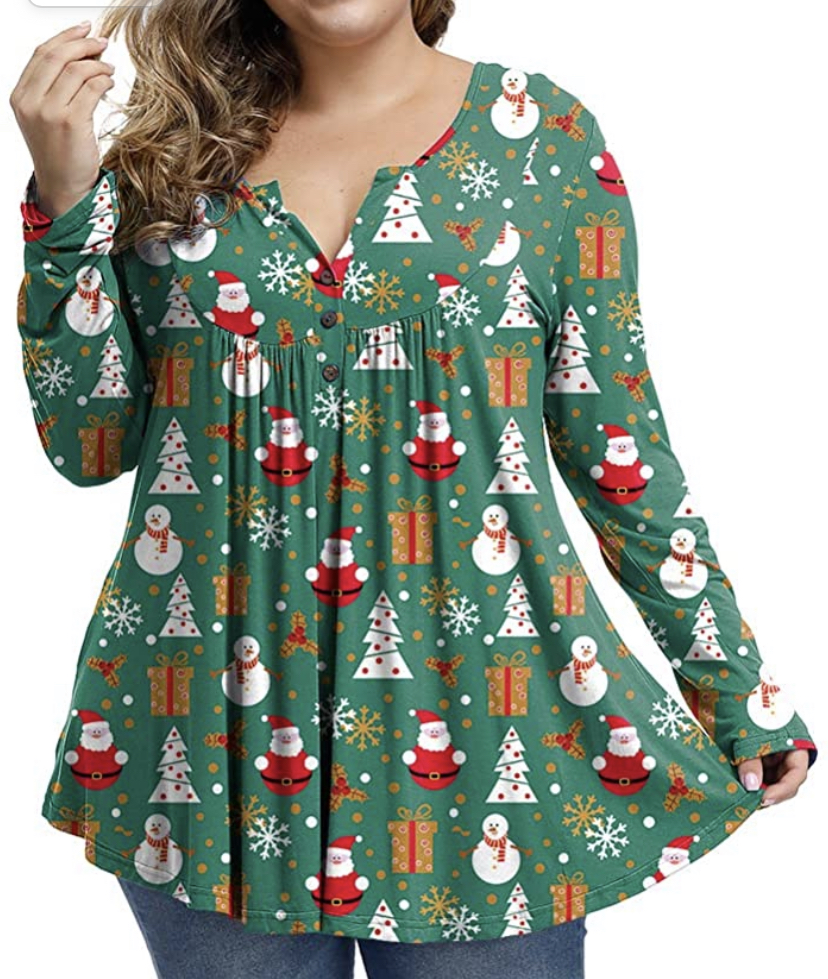 Floral Pleated Ugly Christmas Sweater on a plus size model