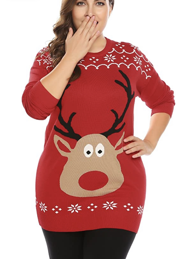 Reindeer Knitted Ugly Christmas Sweater on a plus size model