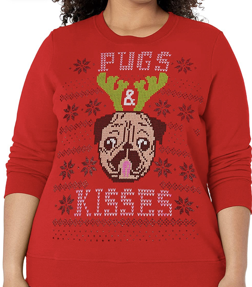 Pugs and Kisses Ugly Christmas Sweater on a plus size model