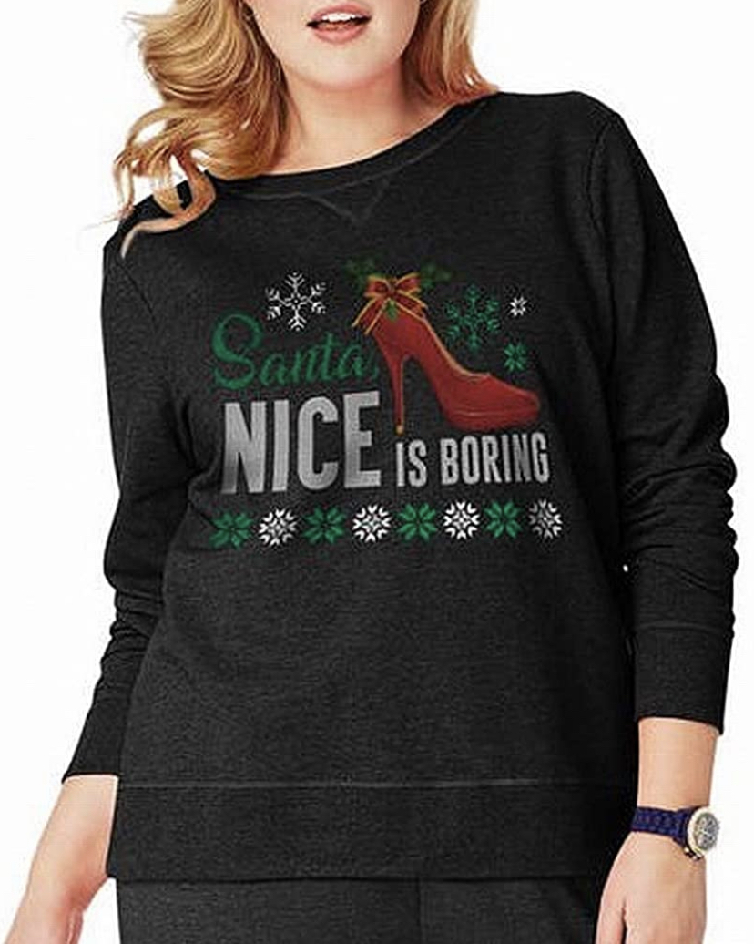 Nice is Boring Ugly Christmas Sweater on a plus size model