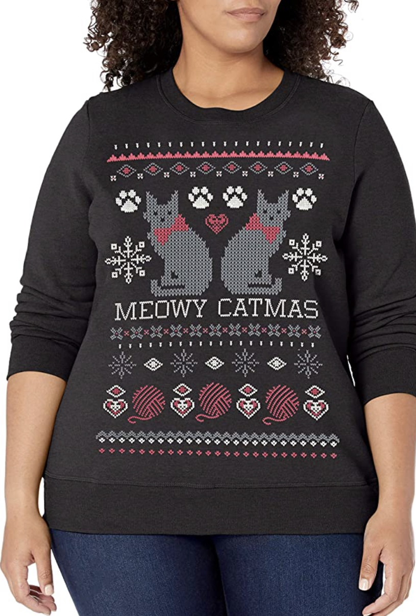 Meowy Catmas Ugly Christmas Sweater on a plus size model