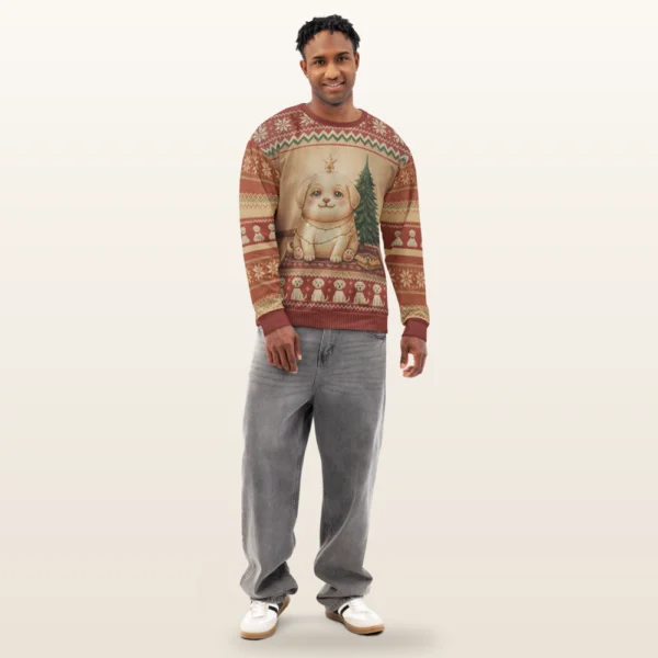 Merry Woofmas all-over-print Christmas sweatshirt on a model, front view
