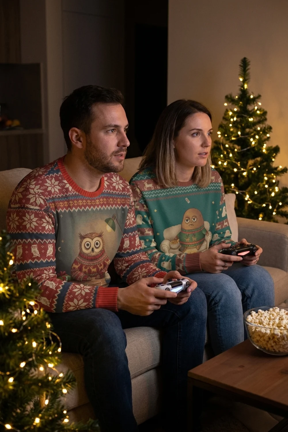 Two friends gaming on a couch at night with controllers, one in the Night Owl all-over-print sweatshirt and one in the Couch Potato sweatshirt, Christmas tree lights beside them