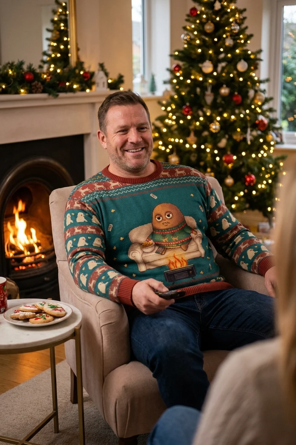 A big-built man relaxed in an armchair by a lit fireplace on Christmas Eve, wearing the Couch Potato all-over-print sweatshirt, decorated tree behind