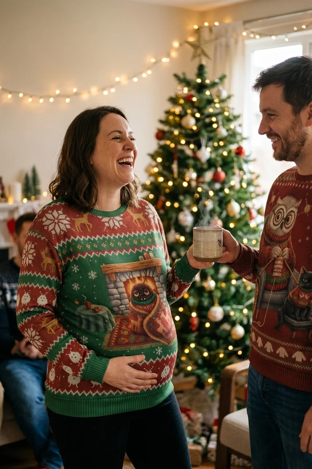 A pregnant woman laughing at a house Christmas party with a hand on her bump, wearing the Snug as a Bug all-over-print sweatshirt in a relaxed fit, her partner beside her in The Giver sweatshirt