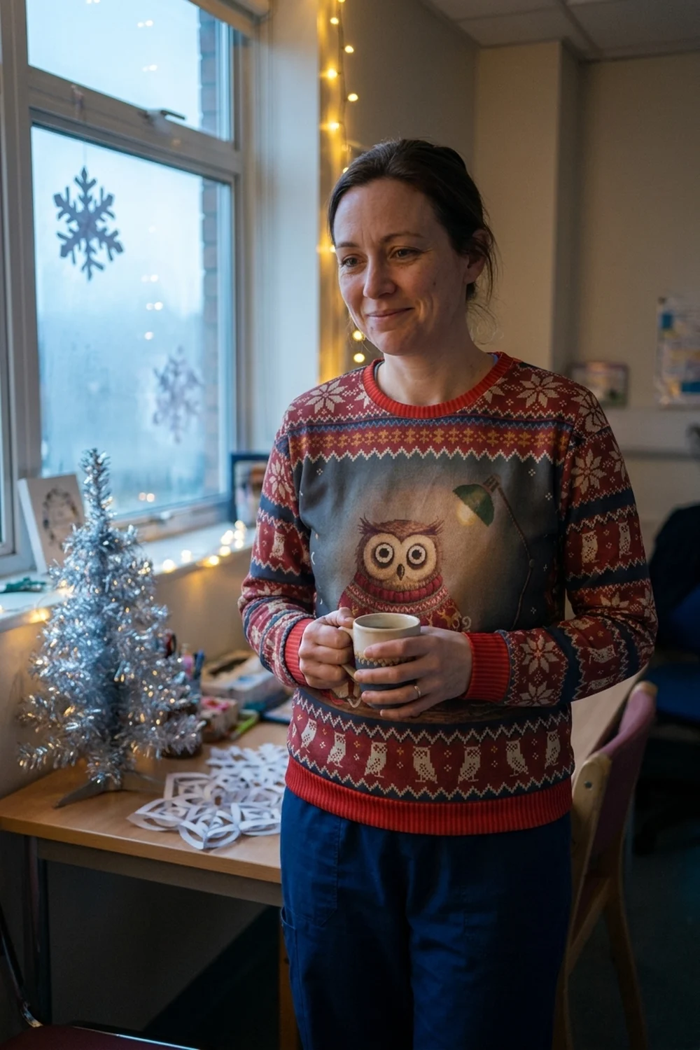 A nurse at the end of a night shift in a hospital break room at dawn, coffee in hand, a tinsel tree and paper snowflakes on the table, wearing the Night Owl all-over-print sweatshirt over her scrubs