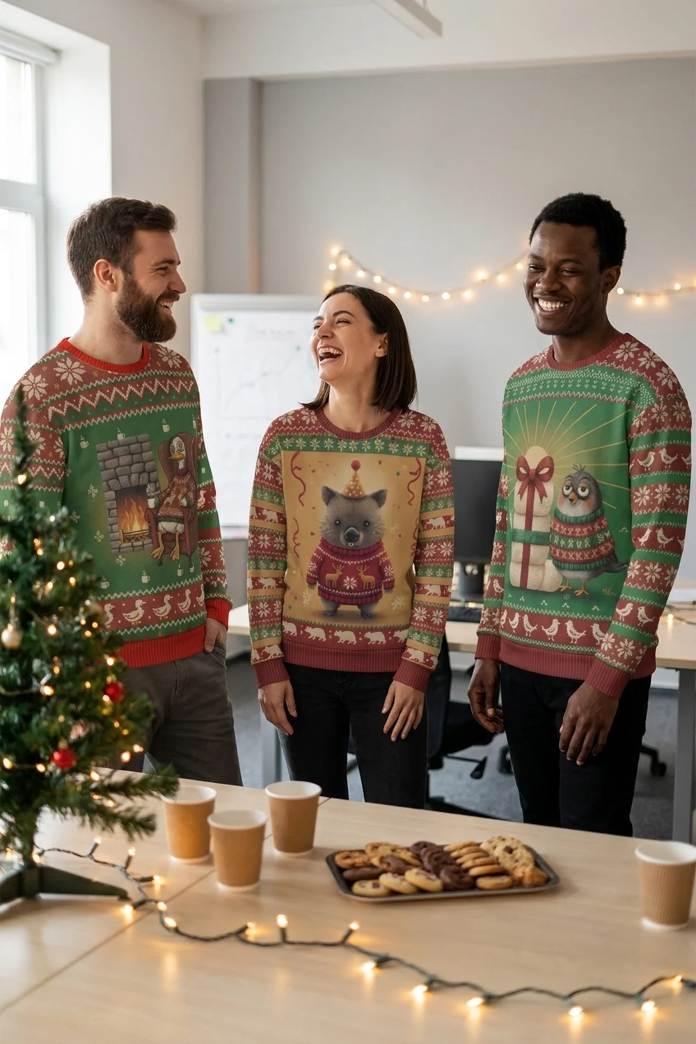 Three colleagues laughing at an office holiday party by a small desk tree, wearing the Sitting Duck, Party Animal and Early Bird all-over-print sweatshirts