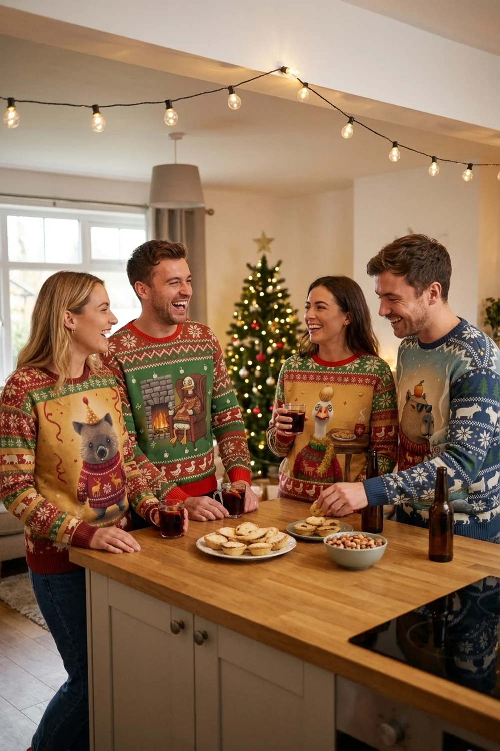 Four friends laughing around a kitchen island at a house Christmas party, each in a different all-over-print sweatshirt: Party Animal, Sitting Duck, Silly Goose and Chill Capybara, string lights overhead