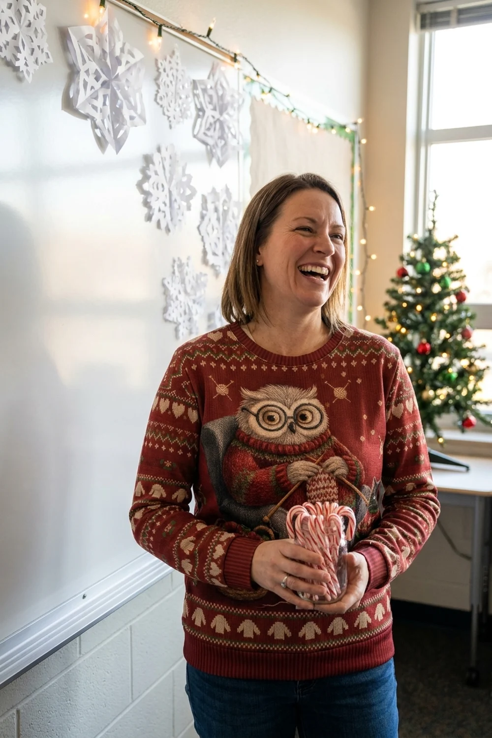 A teacher laughing at the front of a classroom decorated with paper snowflakes and a small tree, holding a jar of candy canes, wearing The Giver all-over-print sweatshirt