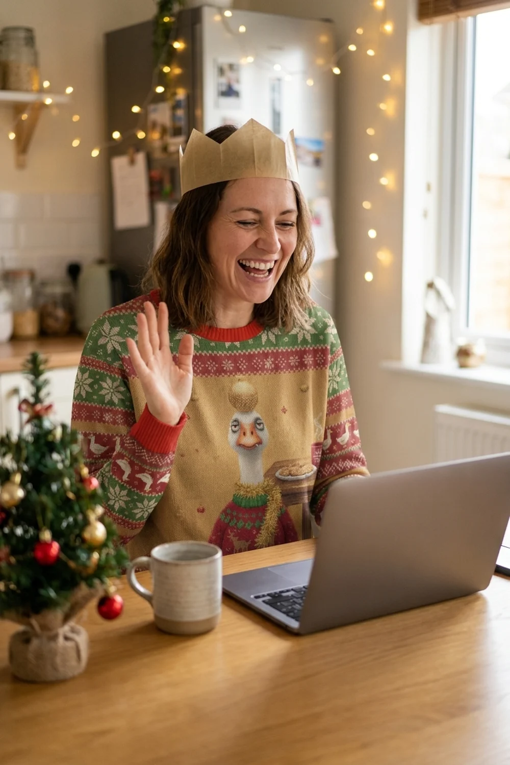 A woman in a paper crown waving at a laptop on a video call at her kitchen table, small tree beside her, wearing the Silly Goose all-over-print sweatshirt
