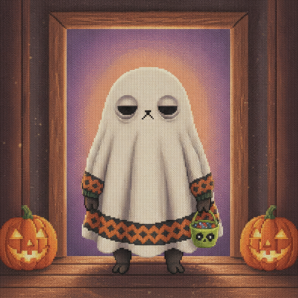 Boo Who Halloween ugly sweater character art: a small sheet ghost with half-lidded eyes, a fair-isle hem, black boots and a green treat bucket, framed by two jack-o-lanterns
