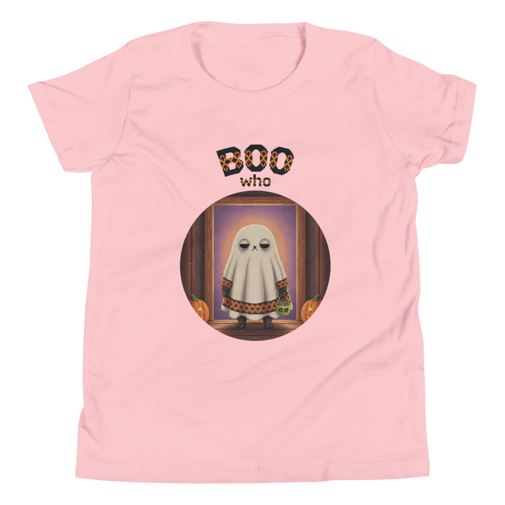 Boo Who Kids' Halloween Ugly Tee — Light Pink flat