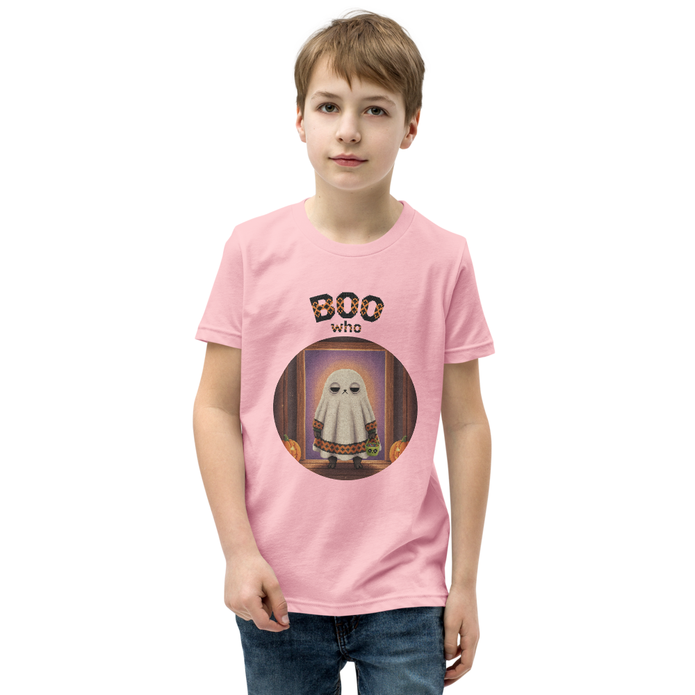 Boo Who Kids' Halloween Ugly Tee — Light Pink model