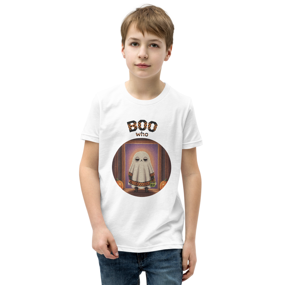 Boo Who Kids' Halloween Ugly Tee — Pure White model