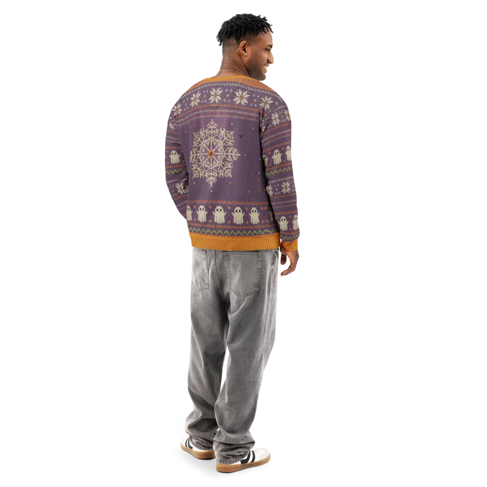Boo Who Halloween Ugly Sweatshirt, All-Over Print on male model, back