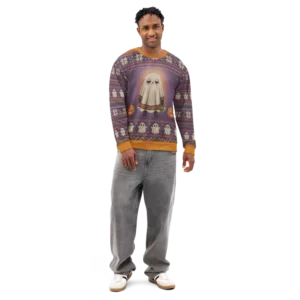 Boo Who Halloween Ugly Sweatshirt, All-Over Print on male model, front