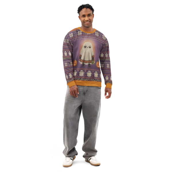 Boo Who all-over-print sweatshirt on a model, front view