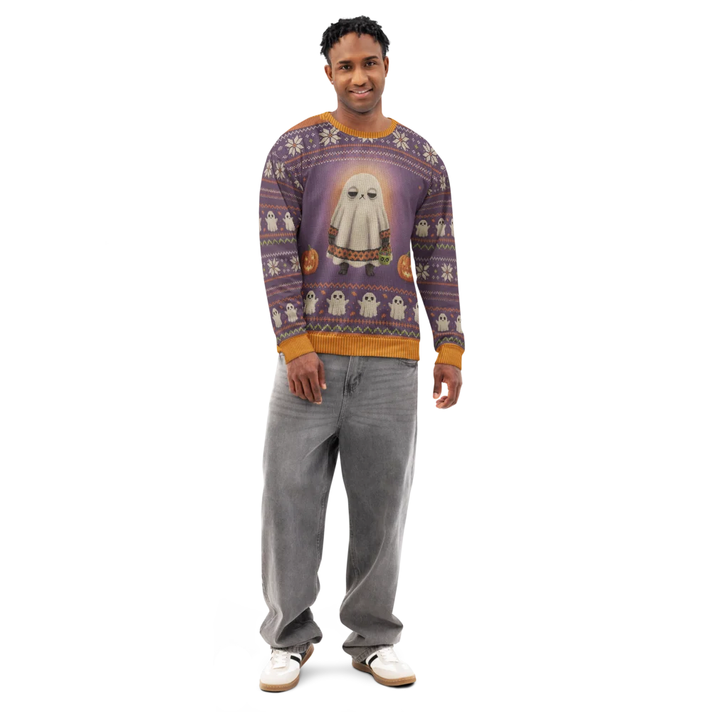 Boo Who Halloween Ugly Sweatshirt, All-Over Print on male model, front